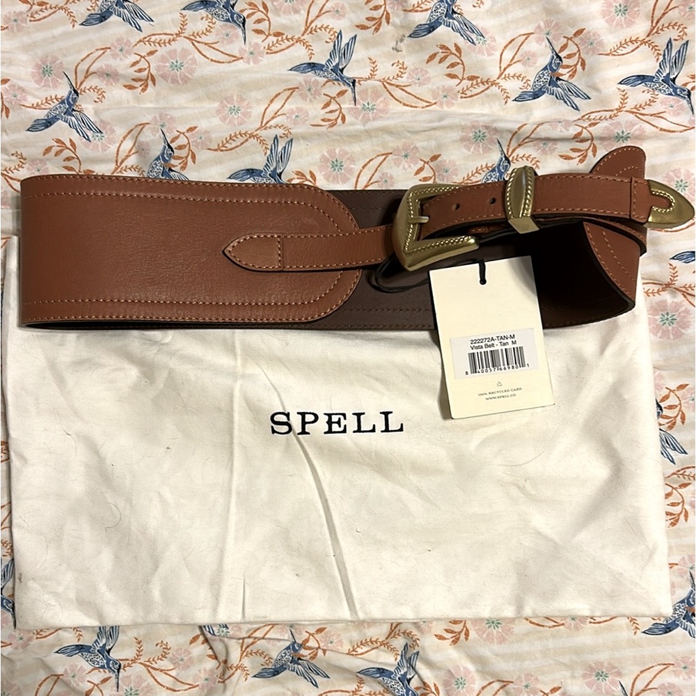 BNWOT Spell Leather Vista Belt in Tan Medium with Spell Cotton Dust Bag - Picture 6 of 10